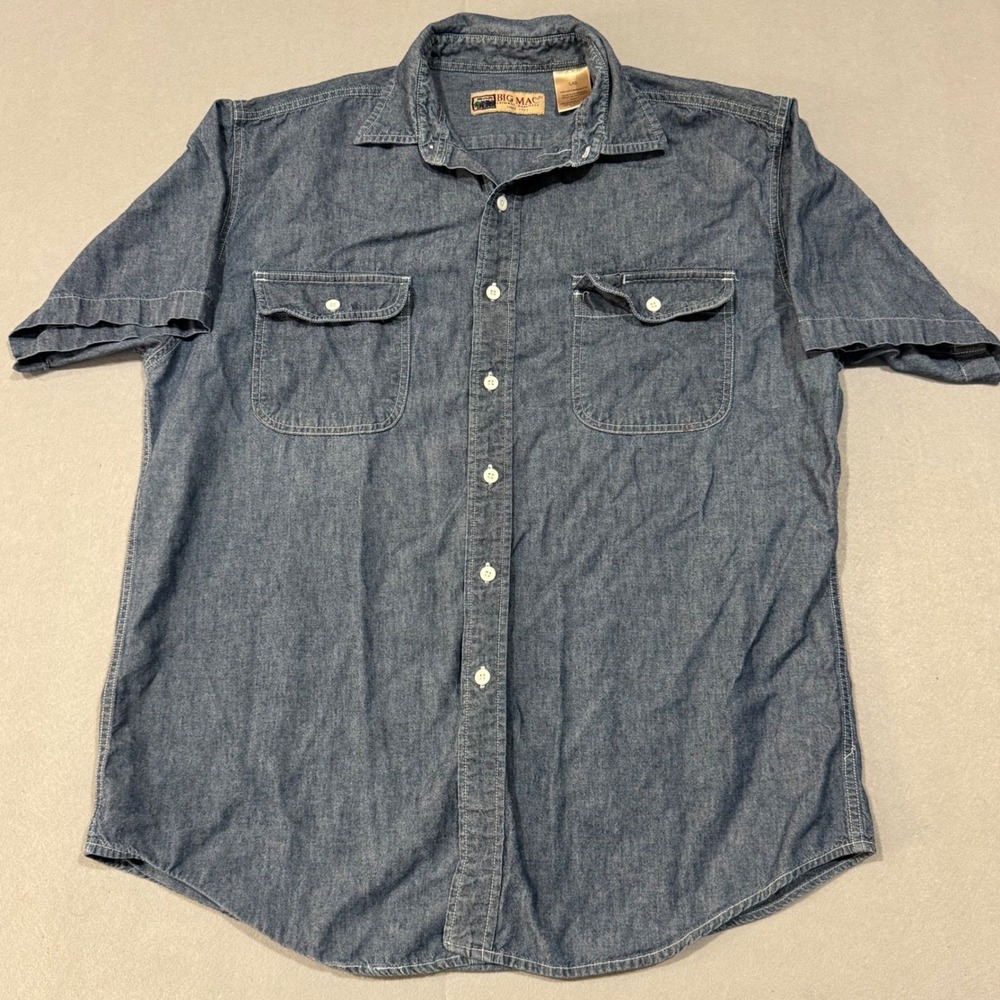 Big Mac Work Shirt Mens Large Blue Vintage Short Sleeve Chambray Cotton Button